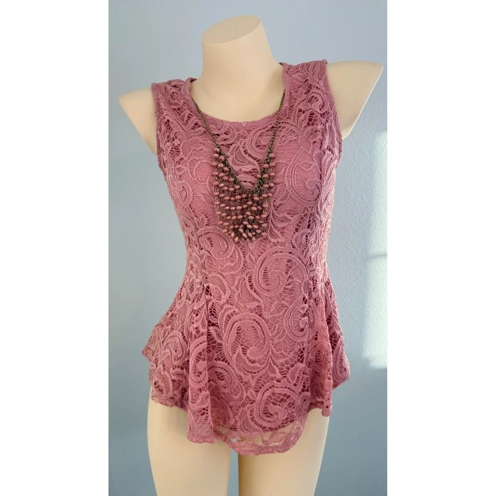 Vtg Dusty Rose Floral Lace Peplum Necklace Sleeveless Top M Coquette Victorian - Picture 5 of 16